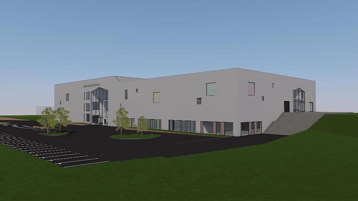 A visualisation of the Gruben IL all-activity hall, a white building with large windows